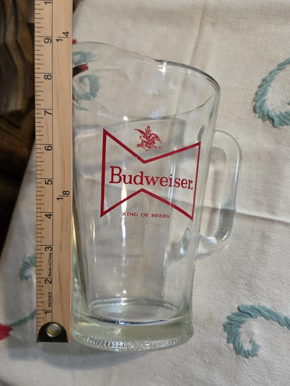 vintage Budweiser glass beer pitcher With iconic red bowtie logo
